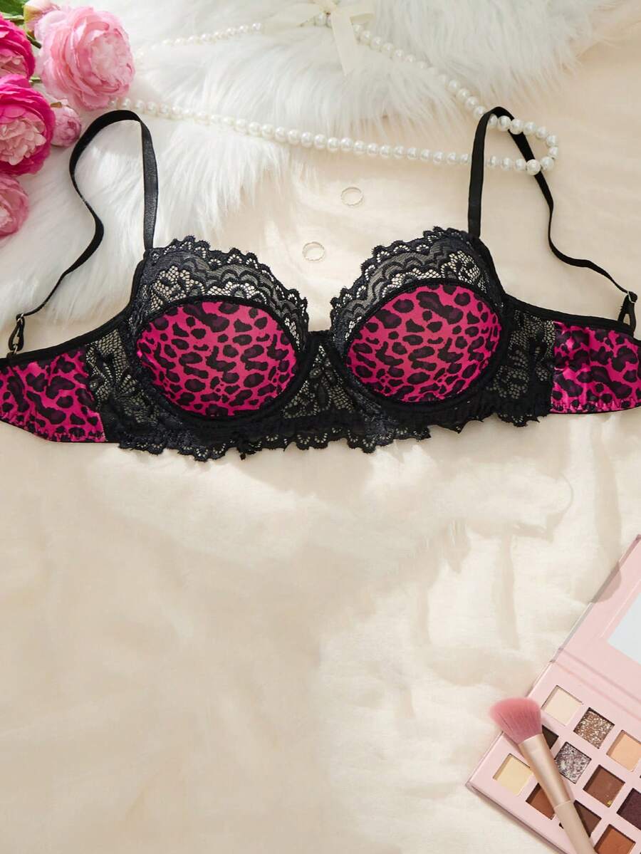 1 Set Sexy Leopard Print Black Lace Sheer Lingerie Bra - Alluring Intimates - Hot Pink - View 1