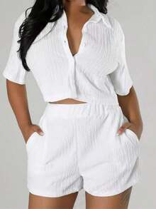 Women's Solid Color Vacation Casual Button Front Crop Shirt With Elastic Waist Pocket Shorts Set White Summer - 杏 - 查看 5