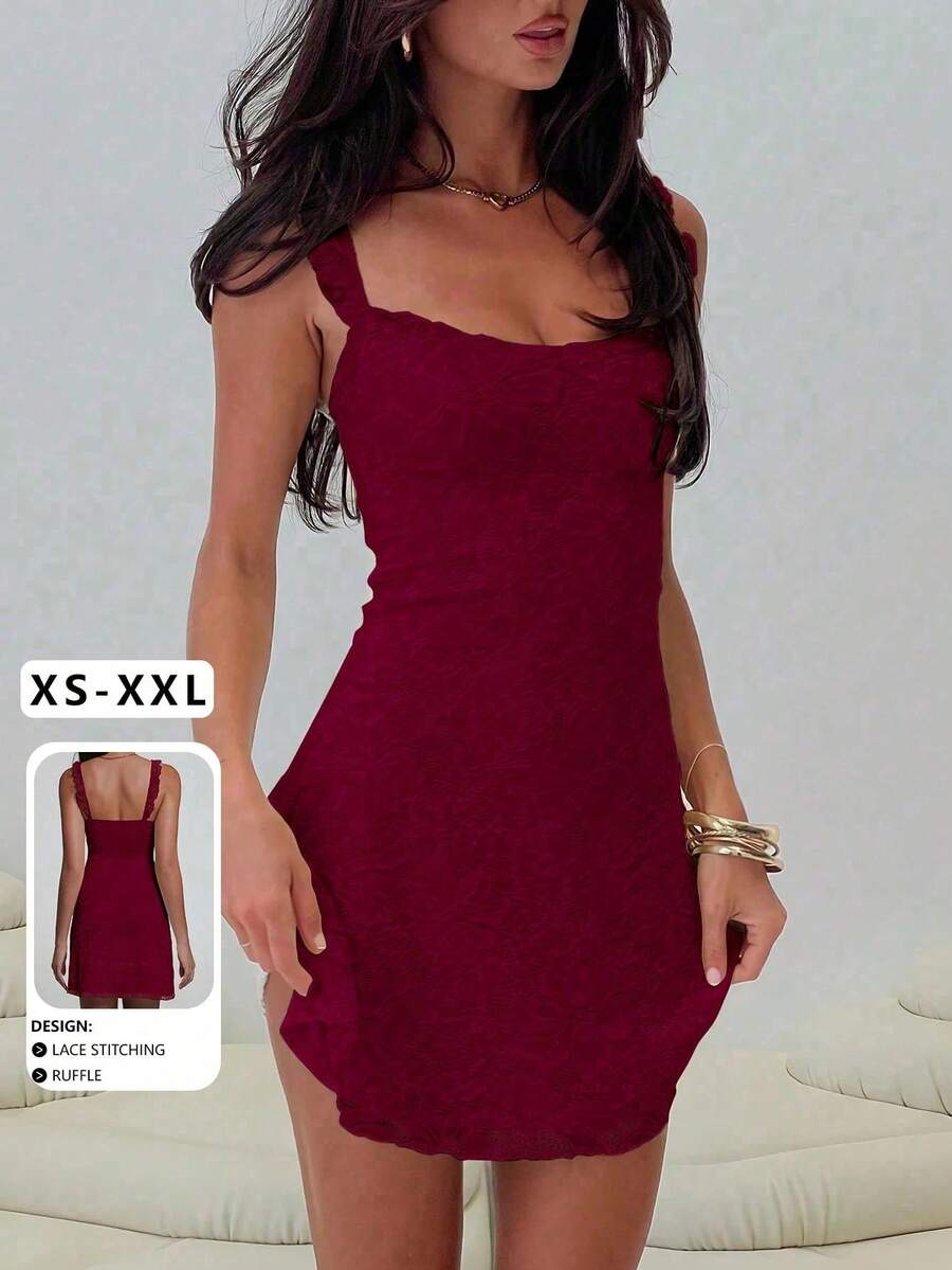 Elegant Fashion Ruffle Strap Bow Design Lace Patchwork Sleeveless Slim Fit Mini Dress Party - 酒紅色 - 查看 1