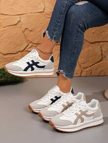 女士休闲运动鞋，平底厚底，一脚蹬，时尚百搭，舒适轻便，系带跑步鞋，圆头，透气 - 藍色 - 查看 7