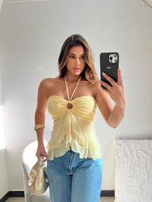 Women's Semi-Sheer Polyester Tank Top With Halter Neckline, Regular Length, And Medium-Stretch Fabric. - Yellow - View 2