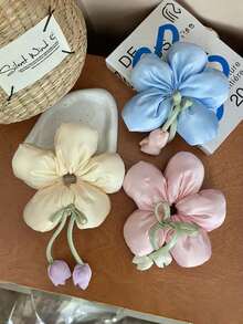 3个郁金香花朵刺绣发圈，女孩丸子头固定发饰，仙女风发绳，适合日常使用，可爱儿童发饰 - 彩色 - 查看 2
