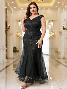 Plus Elegant V-Neck Sequin Lace Sleeveless Mesh Mermaid Hem Formal Party Maxi Dress, Evening Wedding Guest Dress, For Party, Graduation, Homecoming - 黑色 - 查看 6
