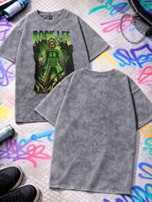 Men Water Washed Streetwear Brand Street Style 100 Percent Cotton Rock Lees Graphic Print T Shirt Gym Workout Casual Wear Retro Heavyweight Tee Perfect Gift Loose Comfortable Breathable Machine Washable Fabric Hip Hop Cool Style Drippy Clothes Y2K - 灰色 - 查看 1