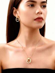 3pcs Pearl Pendant Necklace & Earring Set, New Luxury Fashion Jewelry, Gold Earrings & Necklace, Versatile & Elegant, Birthday Gift, 3pcs For The Price Of 1 - Gold - 查看 2
