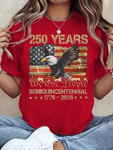 Women Loose 100% Cotton Graphic Tee, 250th American Independence Patriotic Print Top, Machine Washable Casual Outfit For 4th Of July Party Events - 紅色 - 查看 15