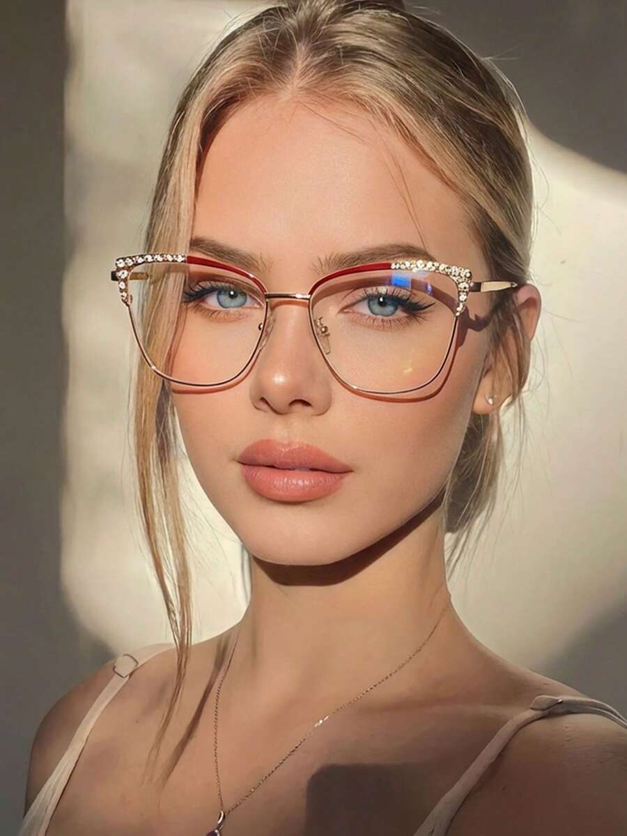 1 Pair Women's Cat Eye Rhinestone Metal Frame Non-Prescription Glasses, Fashionable Versatile Daily Accessory - Red and Gold Frame - View 1