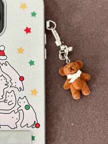 1pc Unisex New Cute Flocked Bear Pendant With Bow & Heart, Personalized 3D Bear Keychain Charm - Multicolor - View 2