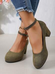 女士春夏欧式坡跟玛丽珍高跟圆头派对舞鞋，优雅女士高跟凉鞋 - 綠色 - 查看 4