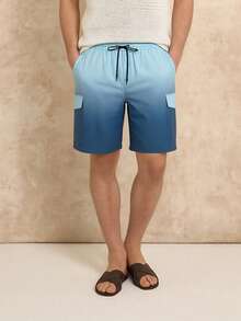 男士夏季沙滩渐变色工装短裤，弹性腰带抽绳速干休闲短裤，带口袋，适合度假、游泳、户外活动和日常穿着。 - 藍色 - 查看 4