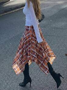 春夏女式高腰不对称格子A字裙，休闲日常穿搭，复古休闲度假裙 - 彩色 - 查看 4