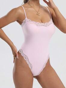 Elegant Casual Women's Pink Polyester Cami Bodysuit With Spaghetti Straps And Contrast Lace Detail - 粉色 - 查看 2
