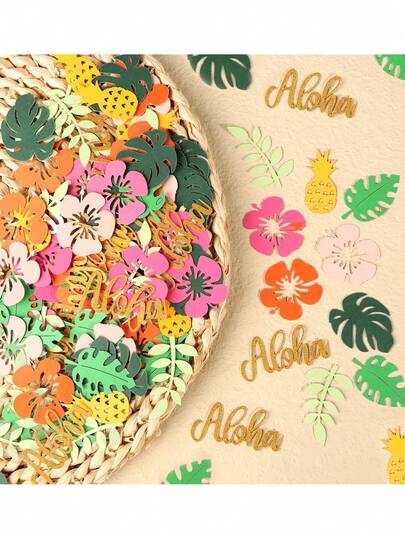 300/100 piezas de confeti de hojas verdes tropicales y flores, hojas de palma de colores, confeti de piña para decoración de mesa y centro de mesa de fiesta temática hawaiana, decoración de fiesta hawaiana Aloha