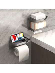 1个壁挂式卫生纸架，带置物架和手机支架，塑料材质，自粘式，无需钻孔，卫生纸卷分配器 - 彩色 - 查看 8