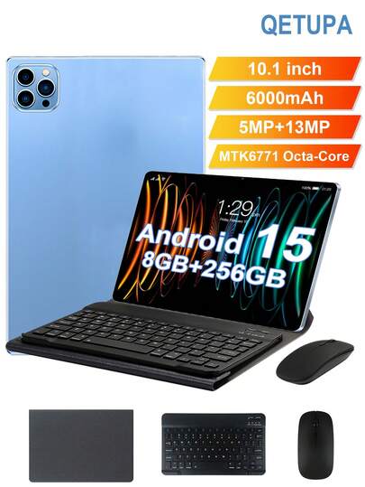 Qetupa Tableta PC Android de 10.1 pulgadas, con funda protectora, teclado y ratón, ligera y portátil para uso de oficina para adultos, procesador Octa-Core MTK6771 de 2.0GHz, 8GB de RAM + 256GB de almacenamiento (ampliable a tarjeta MicroSD de 1TB), pantalla táctil HD IPS de 1280x800, cámara frontal de 5MP y cámara trasera de 13MP, batería de 6000mAh, Wi-Fi 6 802.11ax, Bluetooth 5.2
