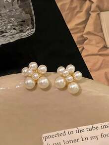 Set de 5 piezas de aretes vintage franceses con flores de perlas y diseño geométrico, diseño asimétrico minimalista y elegante, adecuado para uso diario de mujeres, un regalo refinado para ti, tu familia y amigos - Marfil - Ver 6