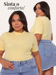 Women's Plus Size Ribbed Round Neck Blouse, Elastic, Comfortable - 黃色 - 查看 2