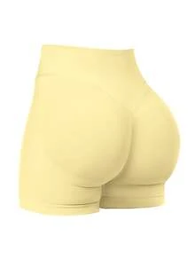 女士无缝弹力提拉塑形瑜伽健身跑步短裤，春夏款 - 黃色 - 查看 1