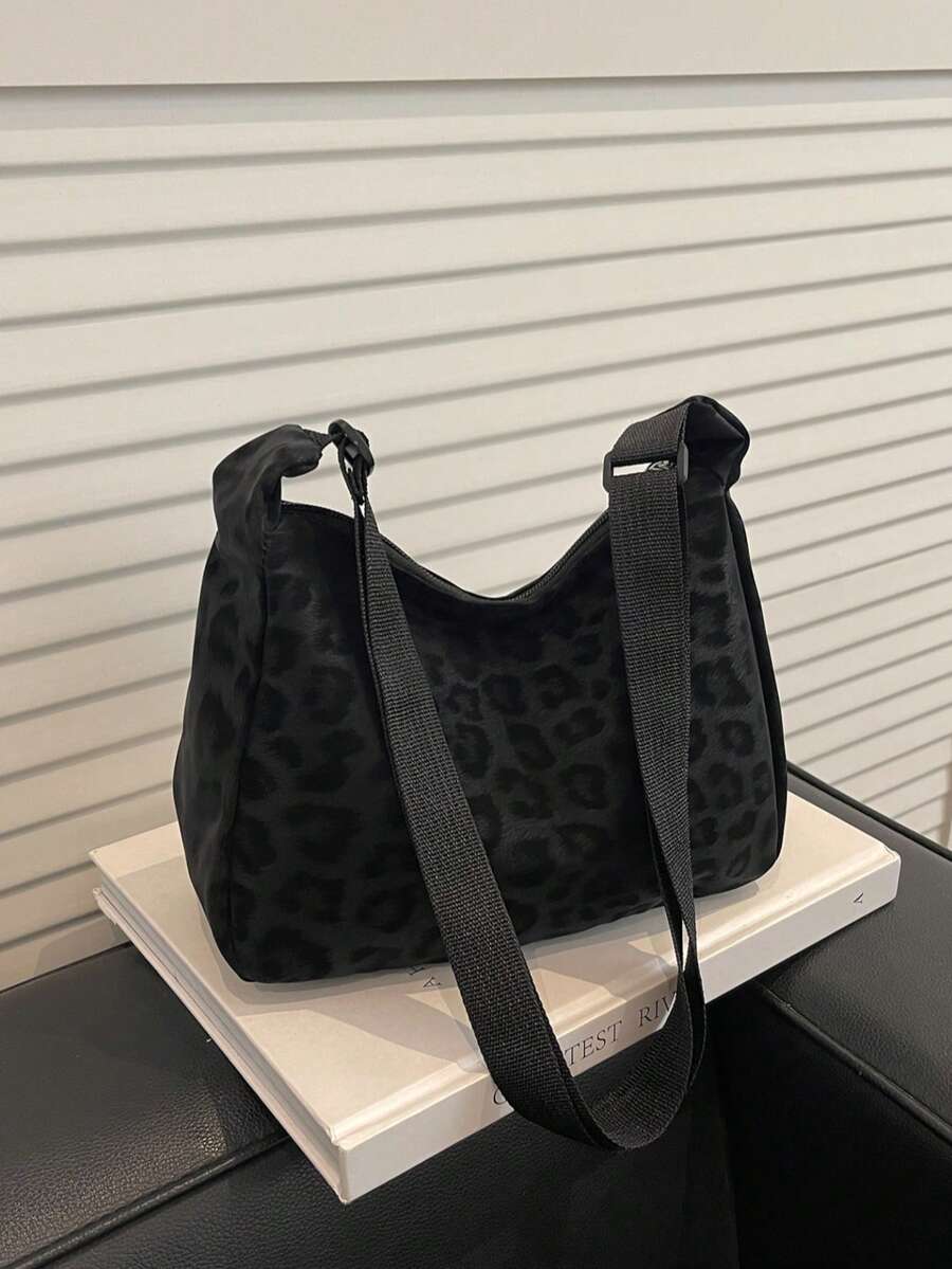 Fashionable Leopard Print Matte Shoulder Bag, Casual Minimalist College Style, Wide Strap Crossbody Bag With Multiple Zippers, Suitable For Students, Shopping, Daily Use - Black - View 1