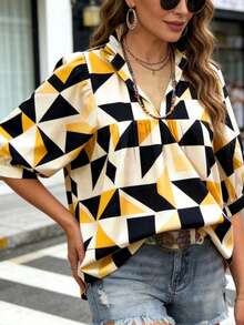 Women's Casual Vacation Shirt, Geometric Ruffle Hem, V-Neck Pleated Design, Bell Sleeves, Spring/Summer - Multicolor - View 5