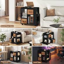 Book Shelf With Storage, Wooden Rolling Bookcase With Wheels, 2 Foldable Fabric Drawers, Magazine Racks And Open Shelves, 13″ * 24″ * 26″, For Living Room, Home Office, Black - 黑色的 - 查看 6
