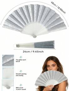 Shiny Silver Folding Fan, Summer Beach Fan, Portable Fan, Essential Event Accessory, Beach Accessory, Suitable For Festivals, Weddings, Travels, Also As Mother's Day Gift, Holiday, Travel For Outdoor Activities, Vacation, Travel, Outfit Accessories, And Gifting, Camping - Silver - View 3