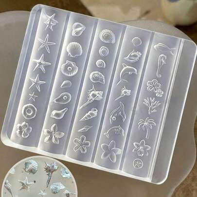 1 khuôn hình vườn hoa 3D, khuôn trang trí móng tay DIY hình đại dương/vỏ sò/sao biển/hoa cúc, khuôn silicon làm móng trong suốt cao.