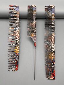 3pcs Professional Hair Styling Comb Set, Hairstylist Cutting Comb, Salon Essential Styling Brush, Fashionable Pattern, Heat Resistant Hardened Resin Material, Father's Day Gift - Multicolor - View 2