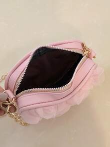 Pink Heart Rose Crossbody Bag, Girly Mesh Flower Bag, Mini Chain Shoulder Bag - Pink - View 4