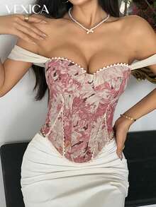 Vexica 女士时尚抹胸露脐上衣，采用露肩领口和不对称常规长度无袖设计，饰有精致的撞色蕾丝细节，优雅女士衬衫，白色适合新年装扮，粉色上衣，圣诞节 - 粉色 - 查看 4