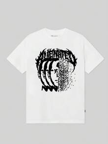 100% Cotton Men's T-Shirt, Crew Neck Tee With White Abstract Human Head Pattern, Plus Wavy Line Decor On Hair Area, Striped Design On Face & Pixelated Particle Effect Print, Casual Short Sleeve Tops - 白色 - 查看 1