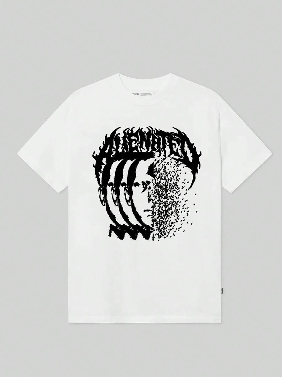 100% Cotton Men's T-Shirt, Crew Neck Tee With White Abstract Human Head Pattern, Plus Wavy Line Decor On Hair Area, Striped Design On Face & Pixelated Particle Effect Print, Casual Short Sleeve Tops - 白色 - 查看 1