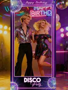 1个迪斯科相框,彩色紫色主题照片背景横幅,生日快乐拍照道具,生日派对装饰,生日派对用品,拍照道具 - 001 - 查看 23