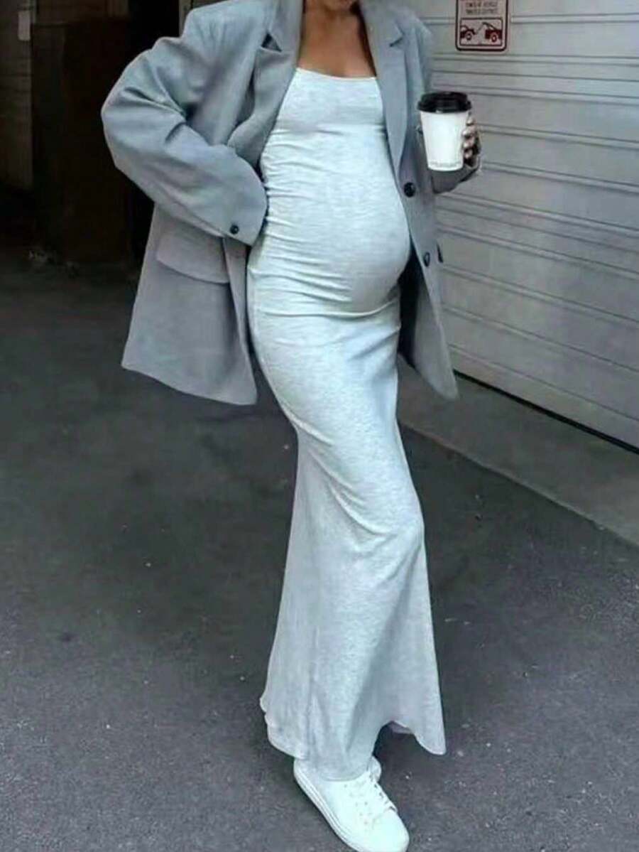 Đầm bầu maxi không tay cổ tròn thoải mái, được làm từ chất liệu co giãn cao cấp, thiết kế đặc biệt dành cho phụ nữ mang thai mùa hè. - Xám - Xem 1