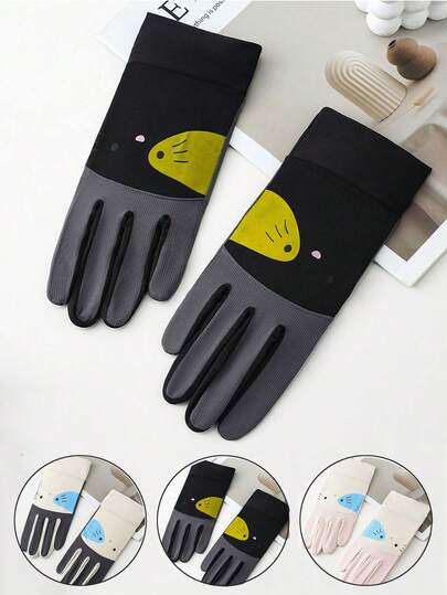 1双可爱猫咪图案涤纶透气防晒手套，女士款，适合春夏佩戴