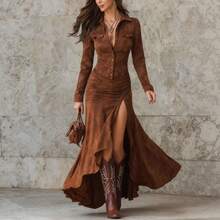 2026 Fall/Winter Hot-Selling European And American Slim-Fit Zipper Stand Collar Slit Long Dress - 焦糖色 - 查看 4