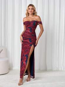 Elegant Women's Long Brown Mesh Dress With Cold Shoulder, Ruffle Design And Fitted Silhouette, Suitable For Party And Evening Occasions - Red - View 7