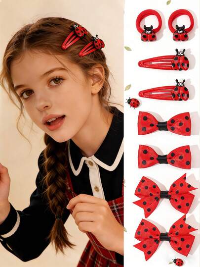 8PCS/Set Ladybug Hair Accessory Set For Girls,Red Beetle Hairpin, Cute BB Clips Barrettes, Sweet Hair Accessories For Girls Leisure Style Suitable For Daily Life In Spring And Summer Teens Gifts
