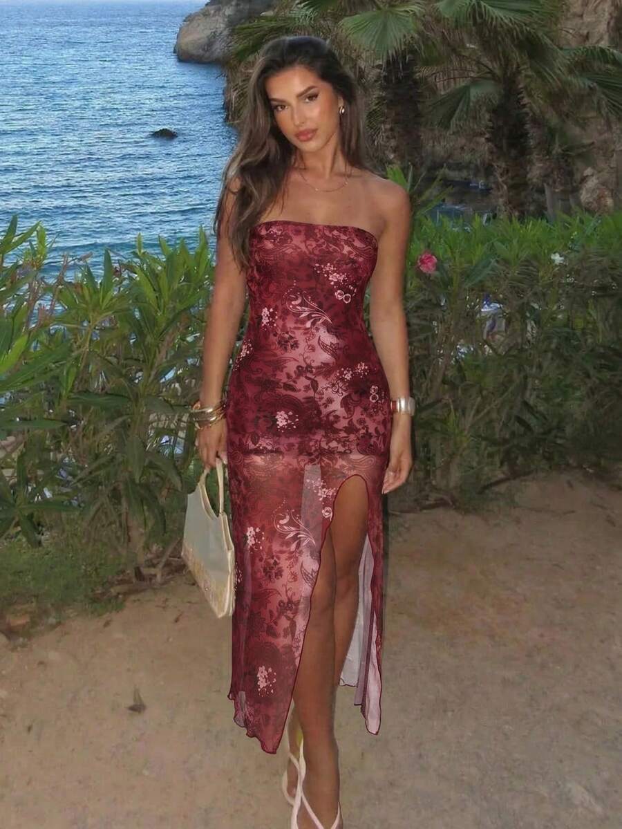 Women's Printed Strapless Fitted Mid-Length Dress, Knitted High Elasticity Sleeveless Sexy Style, Women's Sleeveless Knitted Strapless Mid-Length Dress, Printed Sexy Fitted High Women's Summer Dress, Holiday Dress, Elegant Party Dress, Women's Beach Dress, Wedding Guest Party Dress, Women's Birthday Dress, Women's Elegant Dress, Women's Beach Vacation Dress, Women's Casual Dress, Stretch Mini Skirt - Burgundy - View 1