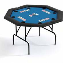 Mesa plegable de póquer octágono con almohadilla antideslizante y diseño plegable de Texas, soportes de copa de plástico/acero inoxidable para 8 jugadores, mesa plegable de blackjack ideal para fiestas en casa y noches de cartas - vaso de plástico azul - Ver 8