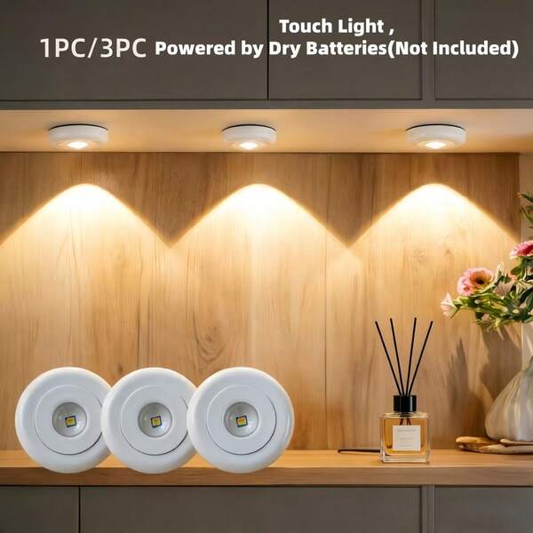 1 pieza/3 piezas Iluminación inalámbrica y con batería debajo del gabinete, luces de empuje regulables, multicolor, focos LED adecuados para cocina, gabinetes y estantes