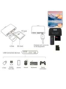 四合一 Type-C 读卡器，OTG 读写器，便携式多功能适配器，兼容 SD/TF/U盘，适用于汽车、电脑、手机，即插即用型外置存储设备 - 黑色 - 查看 10