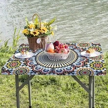1 pièce Nappe élastique d'extérieur, motif floral vintage, convient pour le camping, la table à manger, le balcon, imperméable, résistante aux taches, facile à nettoyer, lavable en machine, beau cadeau et décoration de patio - A - Voir 5