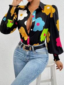 Plus Size Women's Colorful Floral Random Print Minimalist Daily Long Sleeve Shirt, Black Long Sleeve Top Suitable For Graduation Party, Summer & Autumn Vacation - Black - View 3