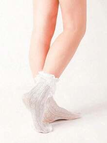 1 Pair Of Women's Solid Color Romantic Pleated Lace Trimmed Heart-Shaped Small Leg Socks. Cute Hollow Mesh Style, Lace Lace Love Socks, Suitable For School Gatherings, Daily Wear, Is A Great Gift, Halloween Gift, Halloween Decorative Socks, Christmas Decoration, Back To School Season, Travel Season, Valentine's Day, Fall - 1 đôi màu trắng - Xem 3