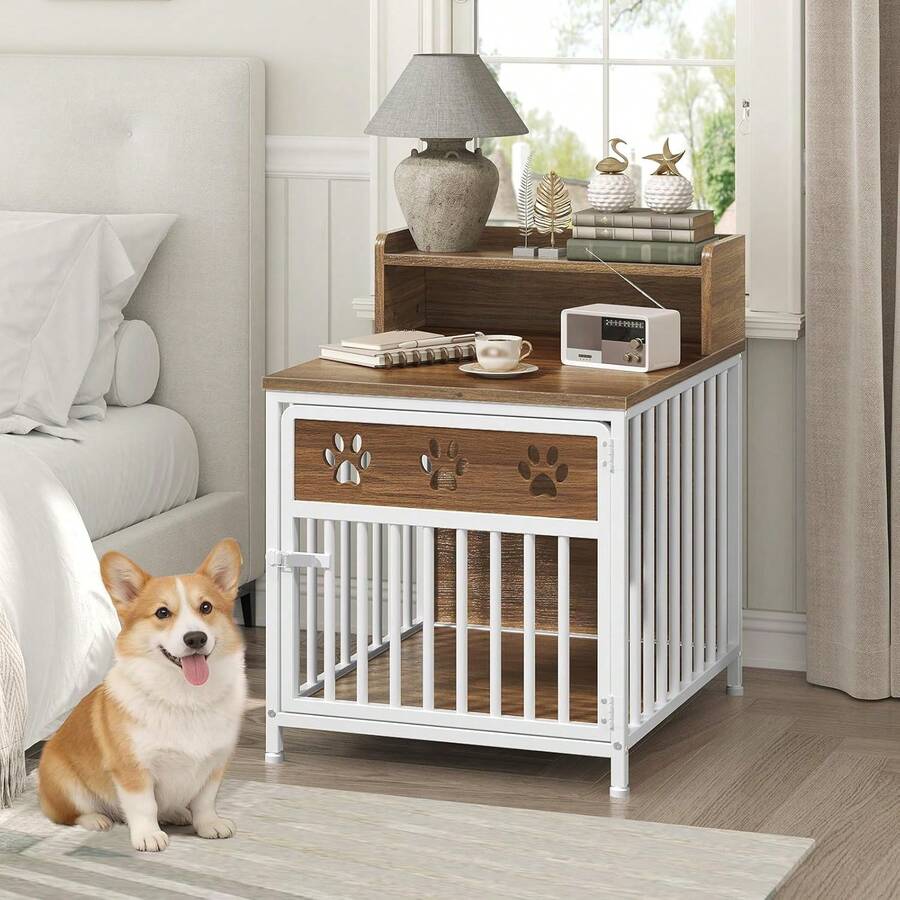 Dog Crate Furniture Small Dogs, Wooden Dog Kennel, Indoor Pet Crate End Table, Two-Tier Small Pet Crate, Living Room, Bedroom, White And Walnut DC01WH - 1 - View 1
