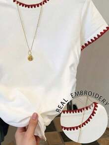 Camiseta casual versátil de mujer con cuello redondo y manga corta plisada - Blanco - Ver 3