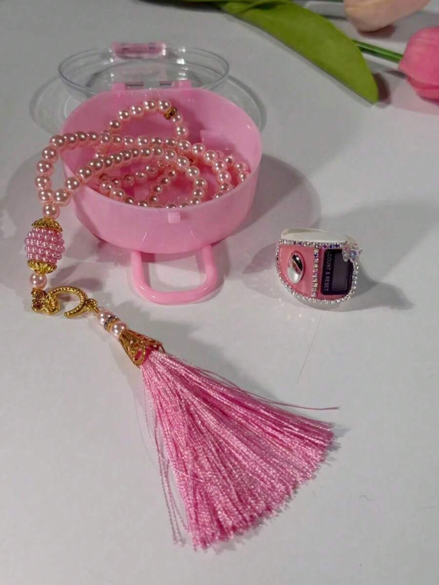 新款透明礼盒装穆斯林念珠，配有镶钻指环计数器和电子念珠，适合节日和馈赠。 - 多色 - 查看 1