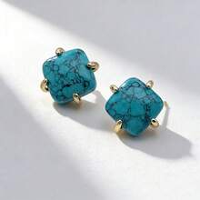 一对优雅珠宝 13毫米方形合成绿松石爪镶耳钉，日常佩戴及女士婚礼礼物 - 彩色 - 查看 2