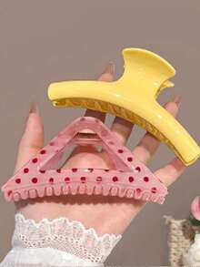 2 piezas/1 pieza Pinzas para el cabello de plástico de 11 cm con lunares rosas y sólido amarillo, elegantes y minimalistas, adecuadas para uso diario, casual, fiesta, playa, vacaciones, peinado, lavado, maquillaje, accesorio de vestir, accesorios para el cabello de verano, pinzas de playa, vacaciones, viajes, festivales, cumpleaños - Multicolor - Ver 1